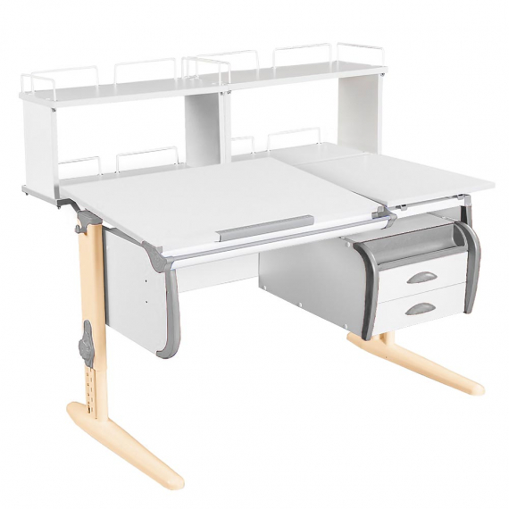 Парта Дэми СУТ-25-04Д2 120 см раздельная с тумбой и надстройками белый/серый/бежевый каркас
