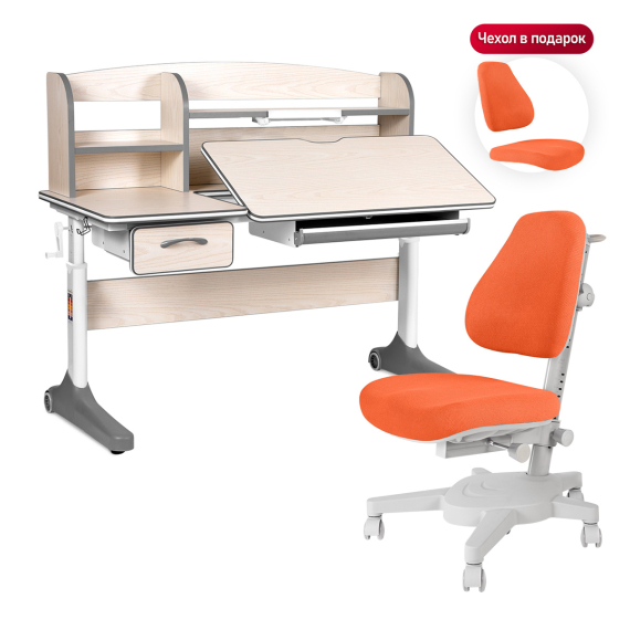Комплект Anatomica Uniqa парта + кресло + надстройка + подставка для книг клен/серый с оранжевым креслом Armata