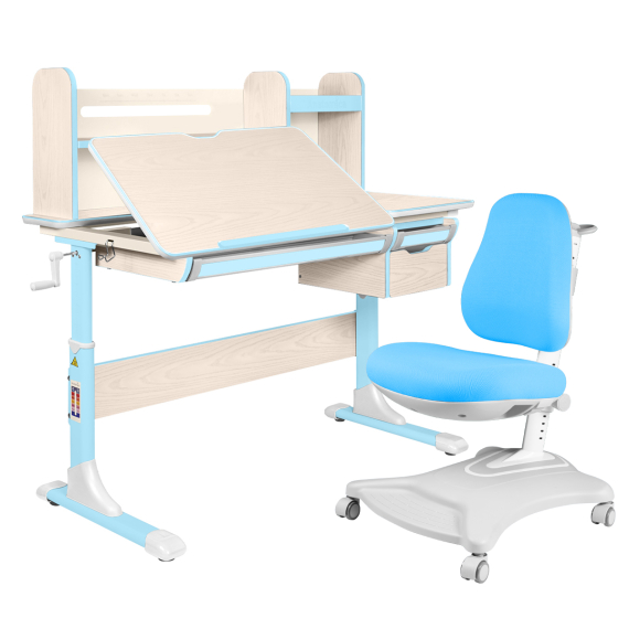Комплект Anatomica Genius парта + кресло + надстройка + выдвижной ящик + подставка для книг клен/голубой с голубым креслом Robin
